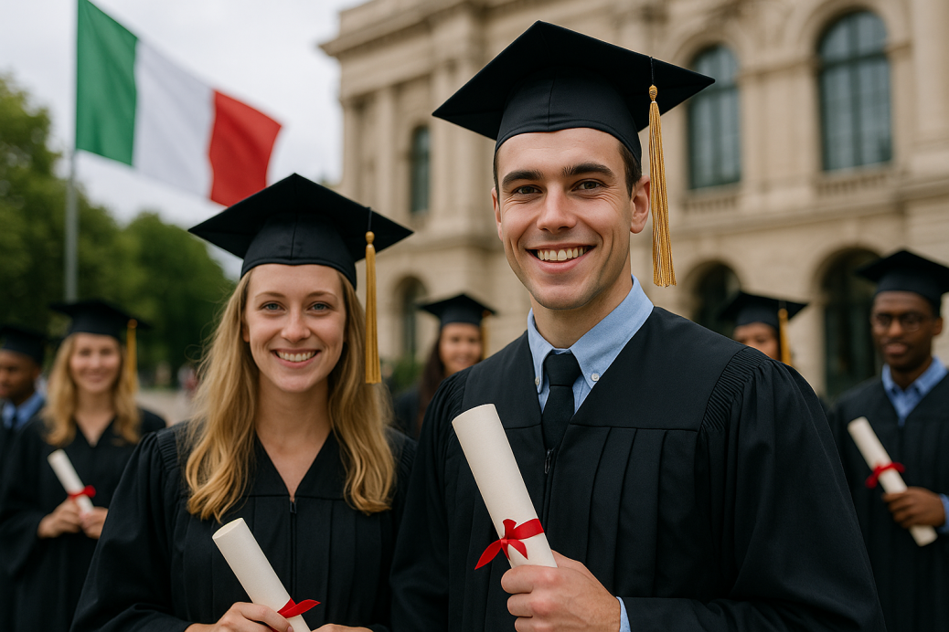 Studente universitario con tocco e diploma davanti alla bandiera italiana